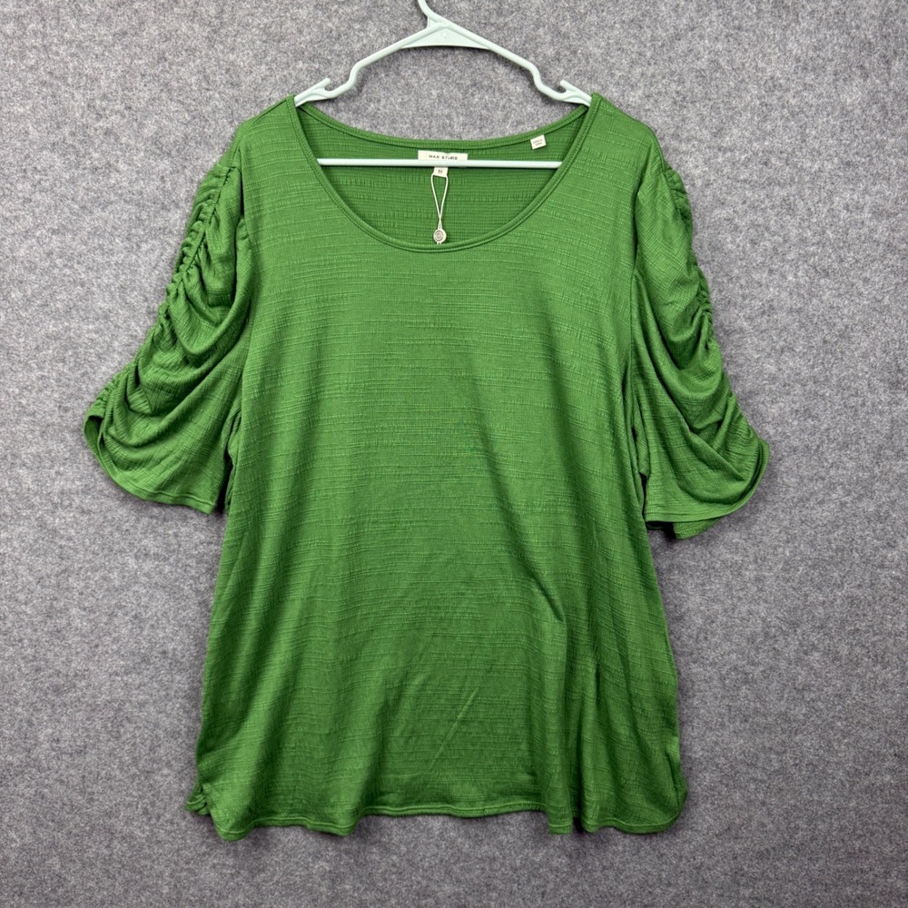 Max Studio London Green Textured Ruched Sleeve Scoop Neck Top 3W01S78 Womens 3X